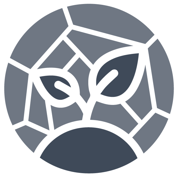 An icon depicting a stem protruding from the ground with two leaves amid a stained-glass background contained in a circle.