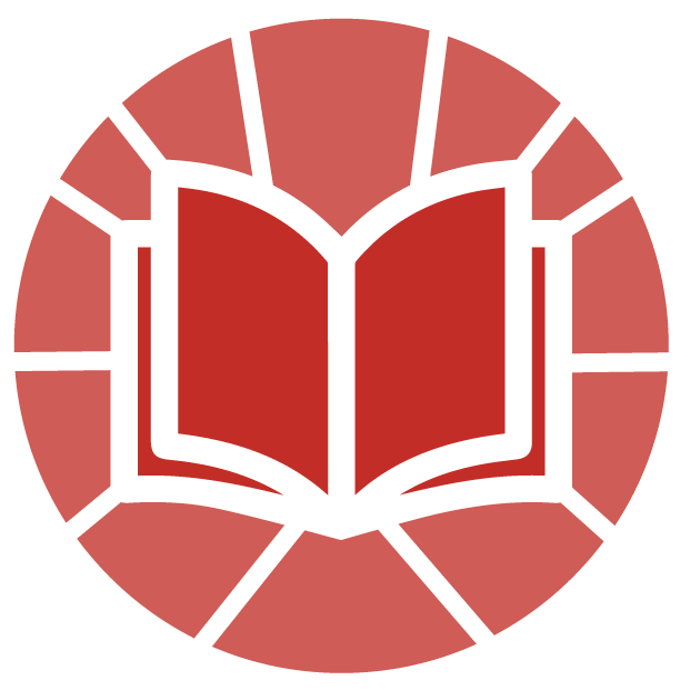 A bible icon with a stained-glass perimeter contained in a circle.