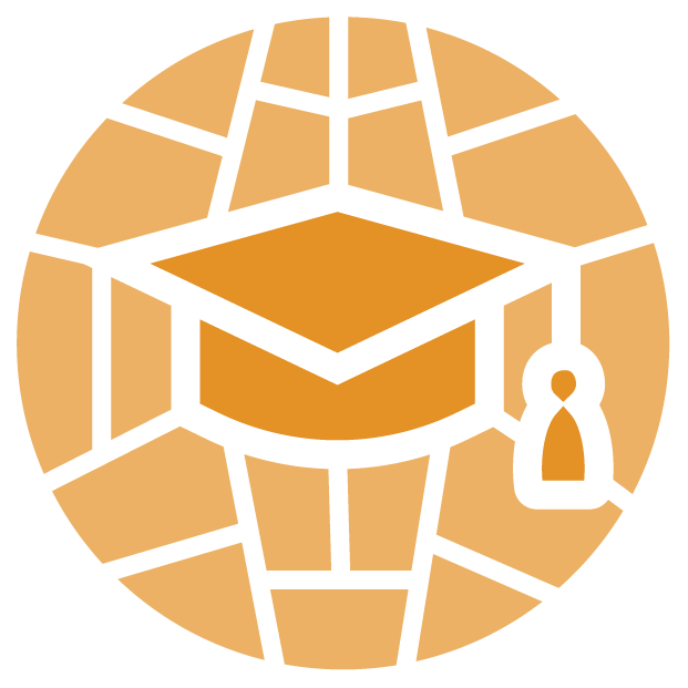 An icon depicting a mortarboard with tassel amid a stained-glass background contained in a circle.