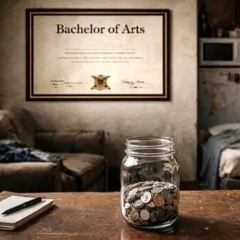  A cozy room with a wooden table in the foreground holding a glass jar filled with coins. A framed 'Bachelor of Arts' diploma hangs on the wall behind the table, with a sofa and a cluttered shelf area visible in the background.