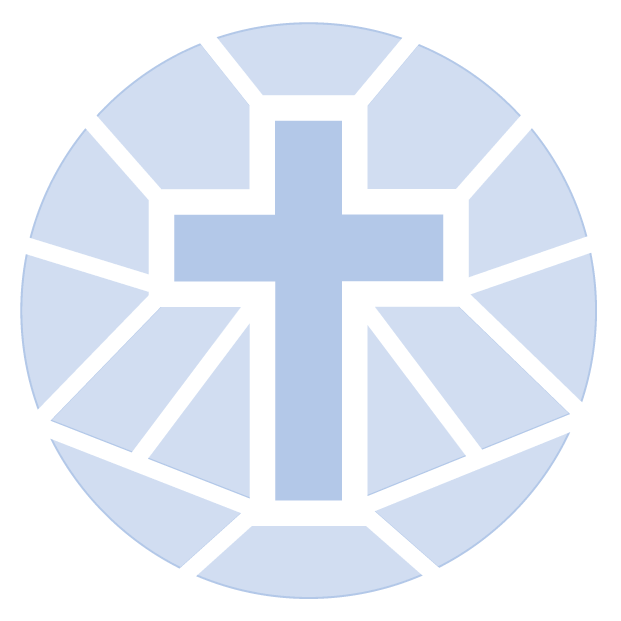 A cross icon with a stained-glass perimeter contained in a circle.