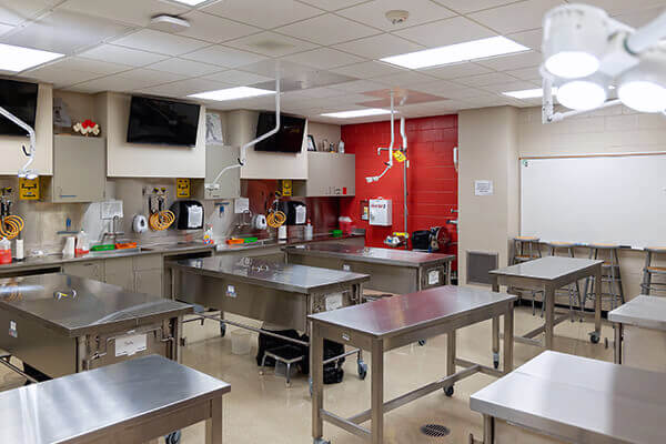 CUW's anatomy lab with stainless steel dissection tables, overhead surgical lamps, wall-mounted monitors, and a red accent wall.