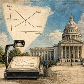 Media projector lights up sky outside of the state capital with an graph depicting price, supply, and demand curves.